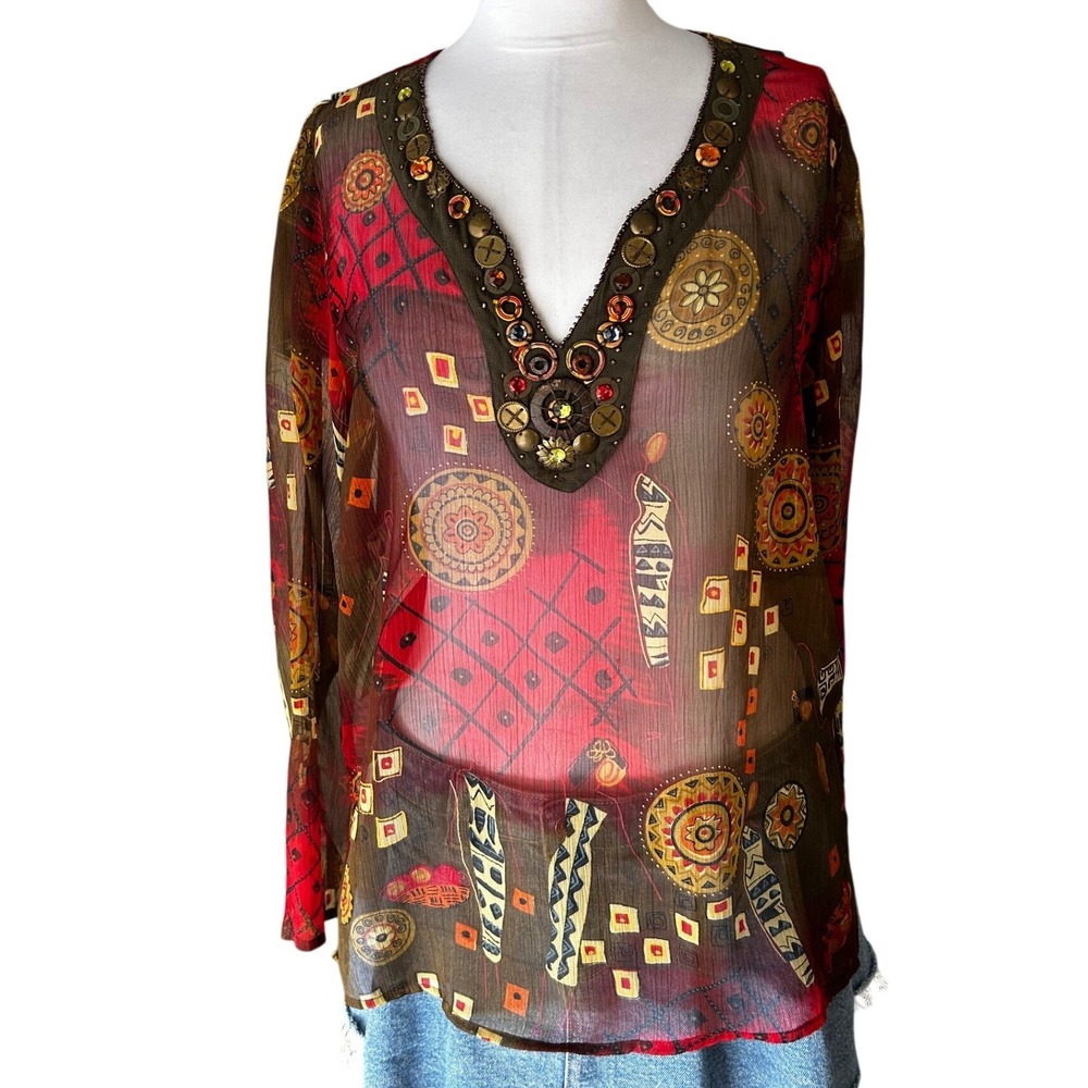 Bamboo Traders Tunic Top Medium Brown Red Embellished V-Neck Tribal Mesh Sheer